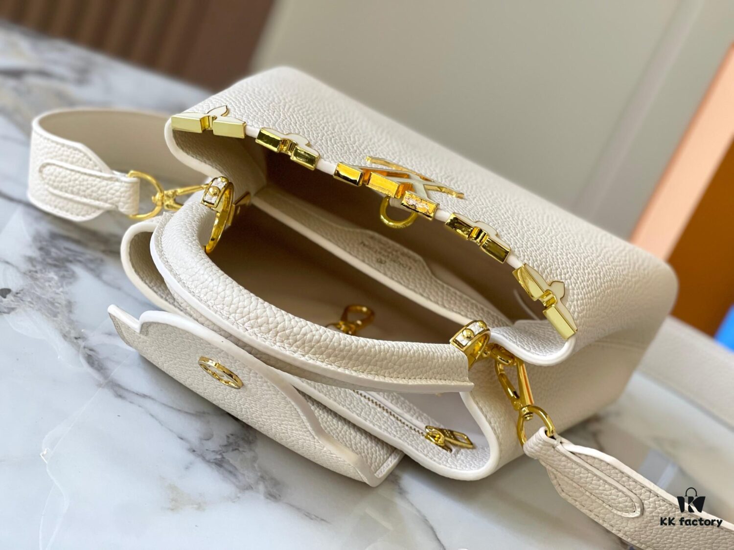 Upgraded M23766 White-on-White Mother-of-Pearl Capucines Flower Crown Bag