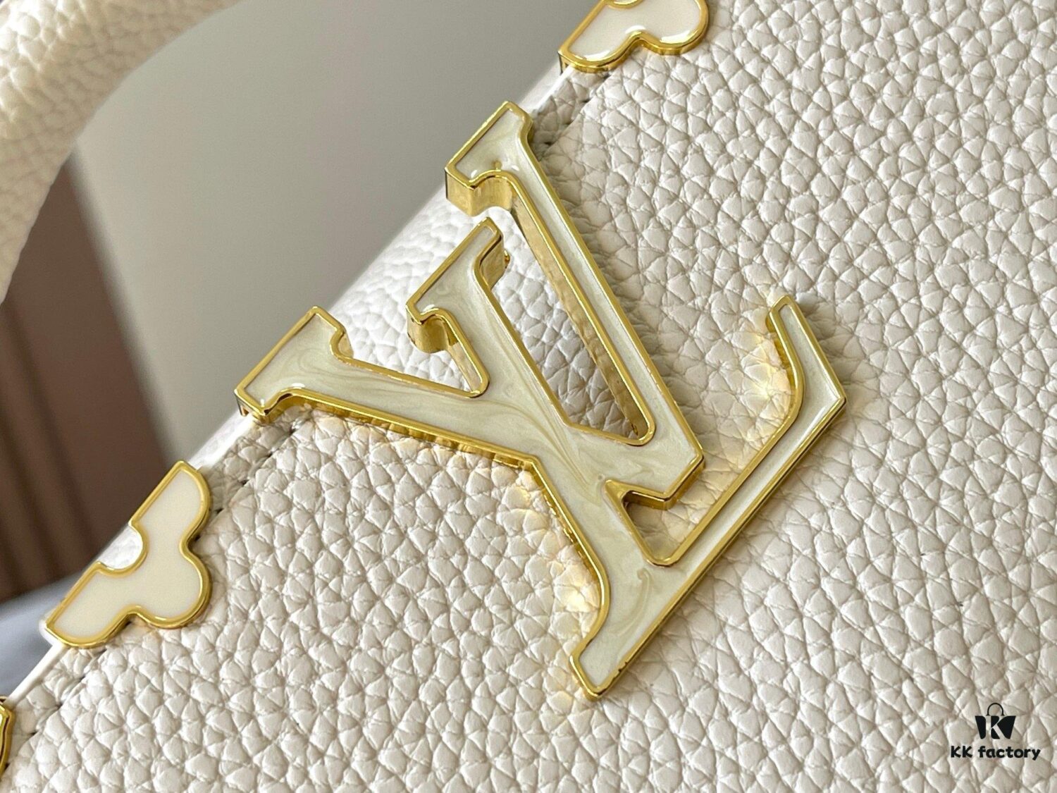 Upgraded M23765 White-on-White Mother-of-Pearl Capucines Flower Crown Handbag