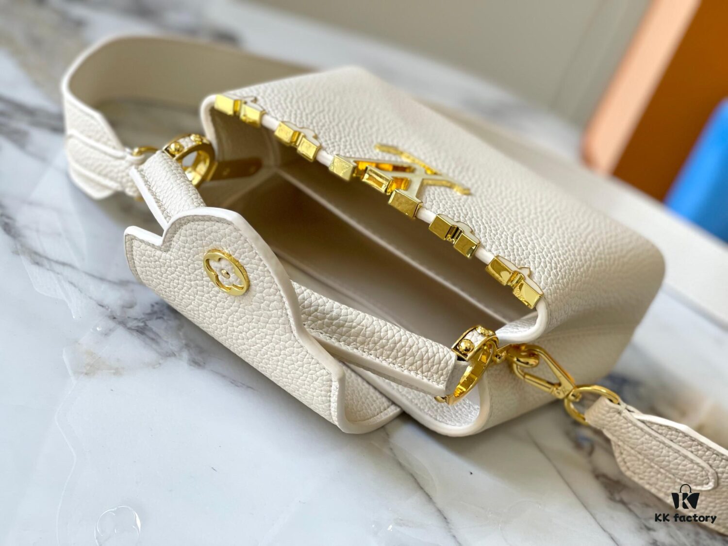 Upgraded M23765 White-on-White Mother-of-Pearl Capucines Flower Crown Handbag