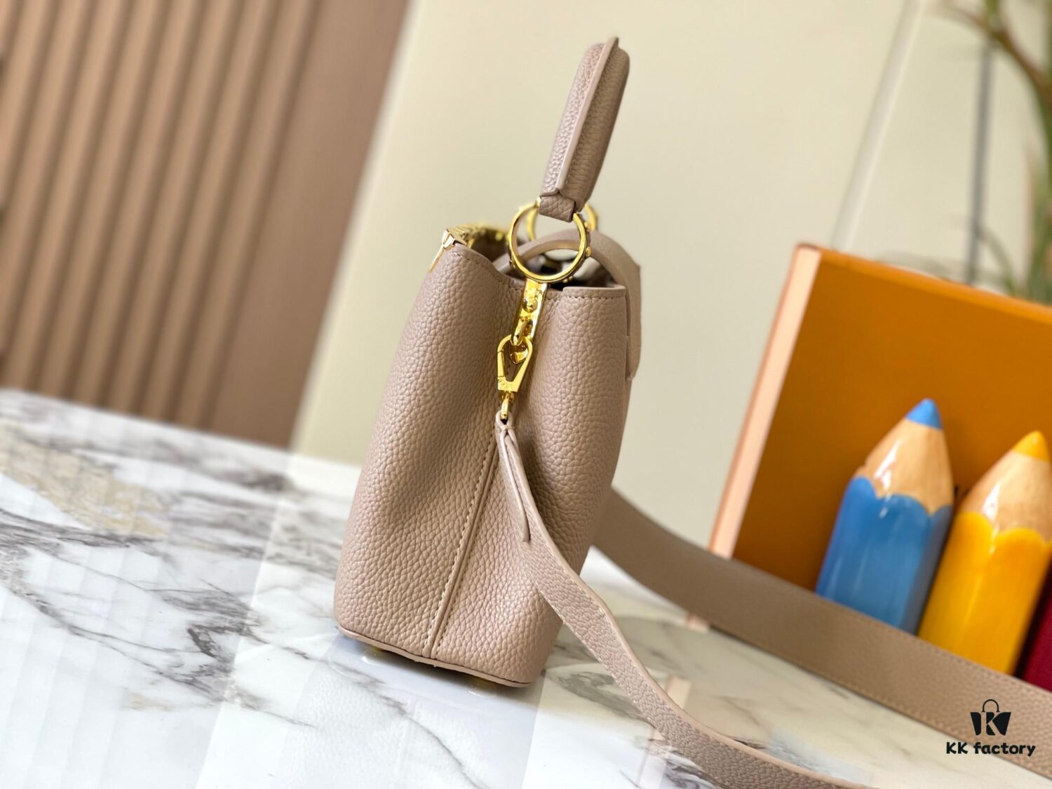 Upgraded M23766 Beige and White Mother-of-Pearl Capucines Flower Crown Handbag