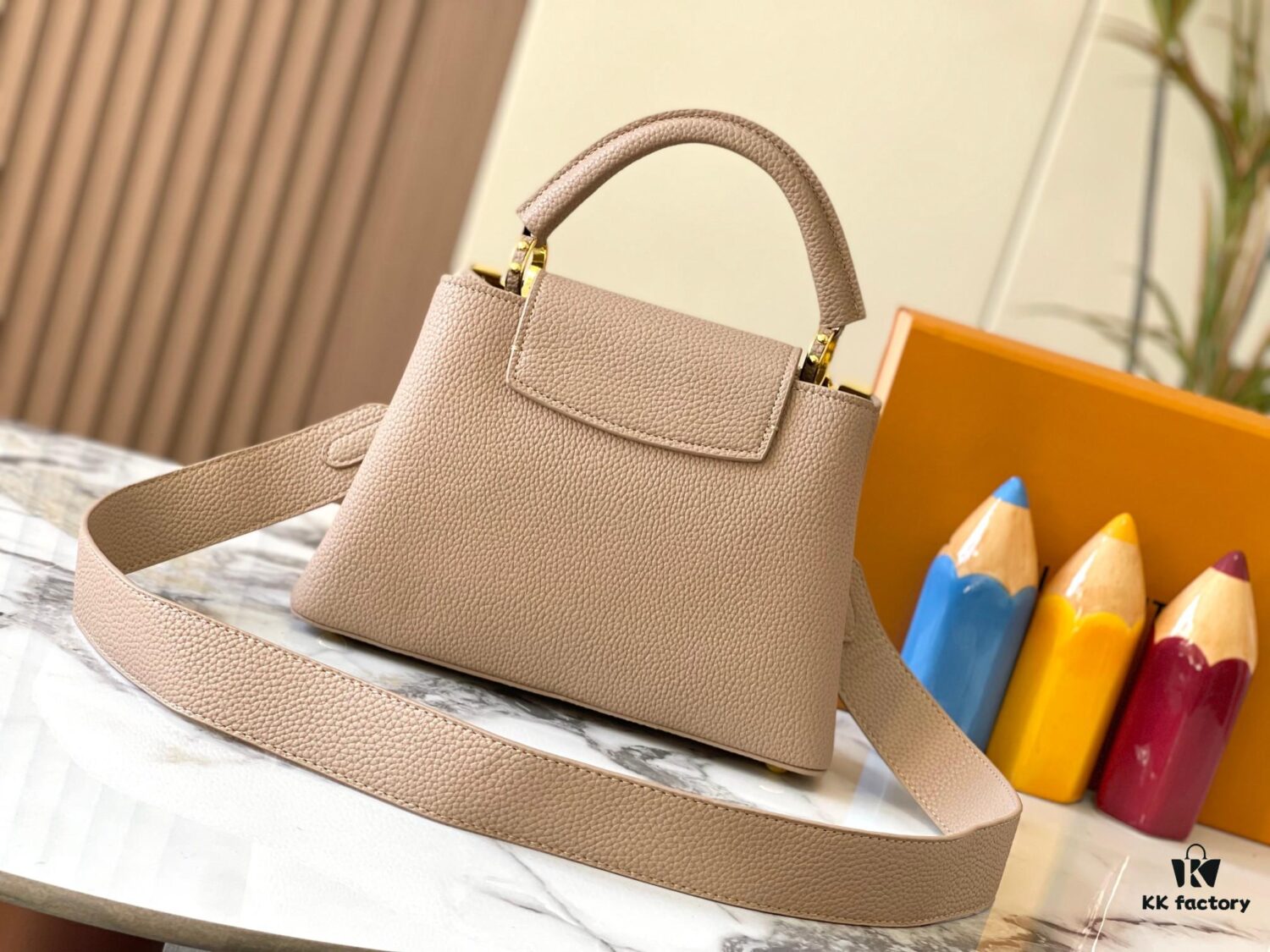 Upgraded M23766 Beige and White Mother-of-Pearl Capucines Flower Crown Handbag