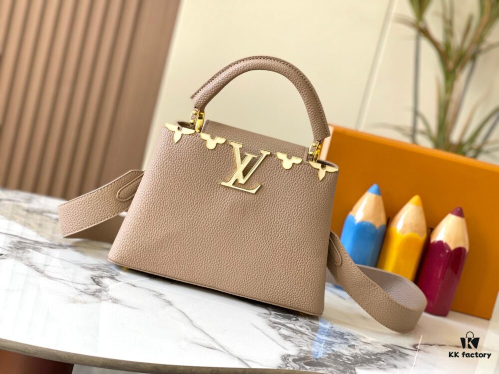 Upgraded M23766 Beige and White Mother-of-Pearl Capucines Flower Crown Handbag