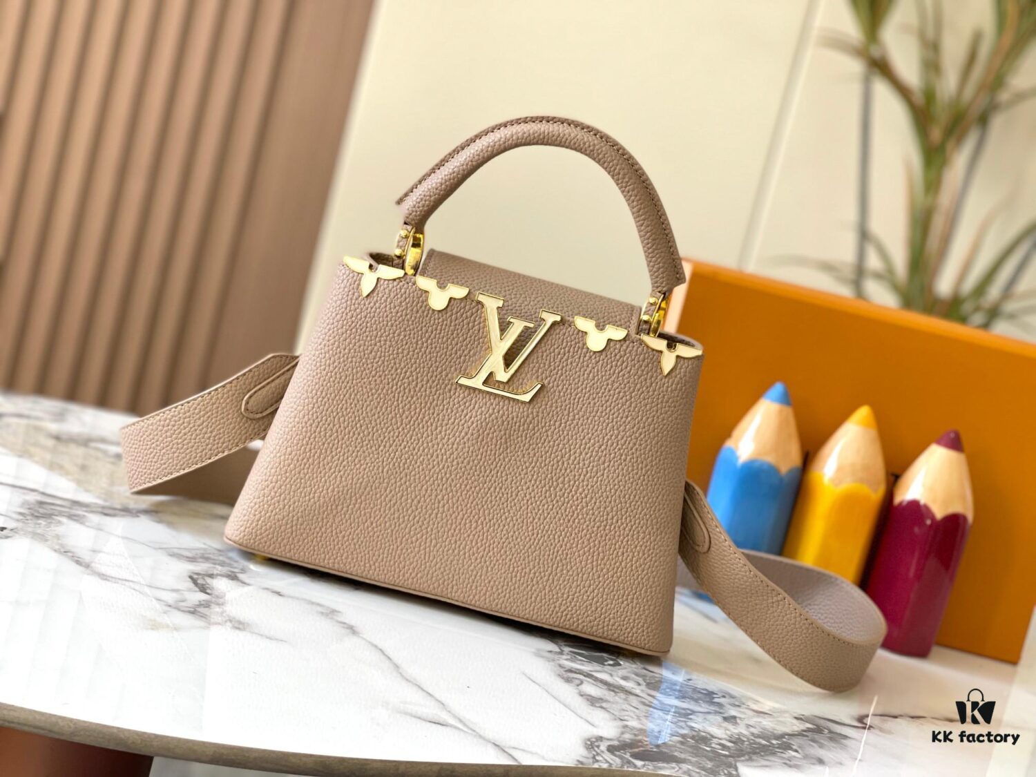 Upgraded M23766 Beige and White Mother-of-Pearl Capucines Flower Crown Handbag