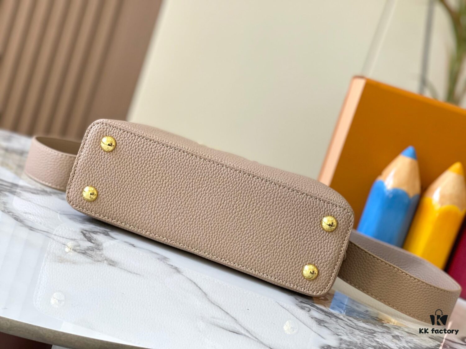 Upgraded M23766 Beige and White Mother-of-Pearl Capucines Flower Crown Handbag