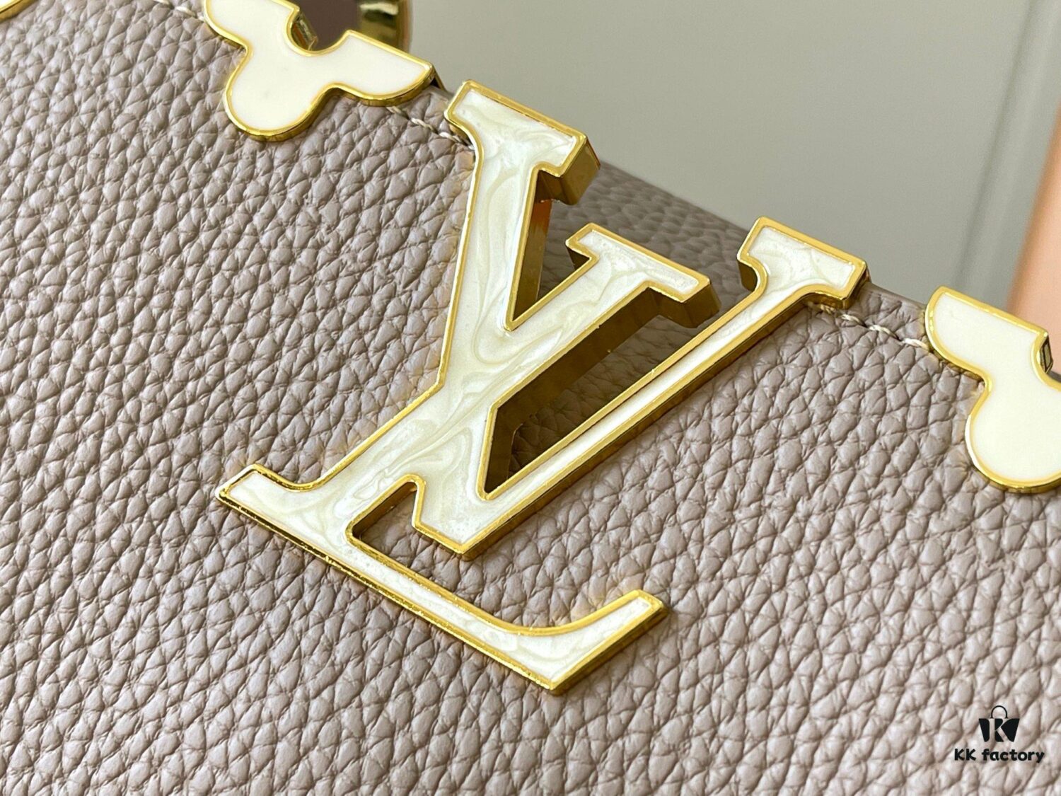 Upgraded M23766 Beige and White Mother-of-Pearl Capucines Flower Crown Handbag