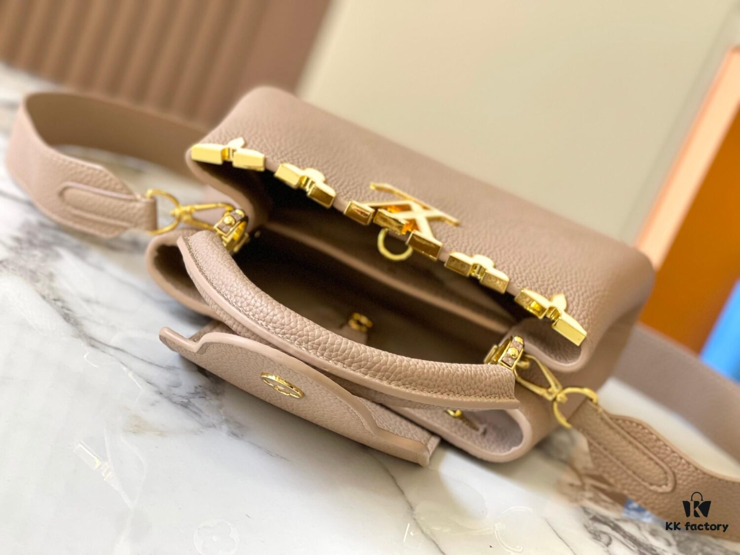 Upgraded M23766 Beige and White Mother-of-Pearl Capucines Flower Crown Handbag