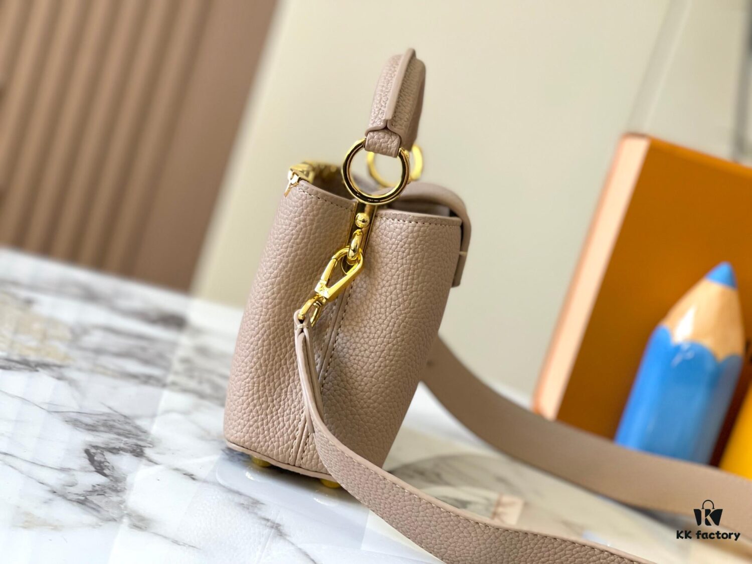 Upgraded M23765 Beige and White Mother-of-Pearl Flower Crown Capucines Handbag