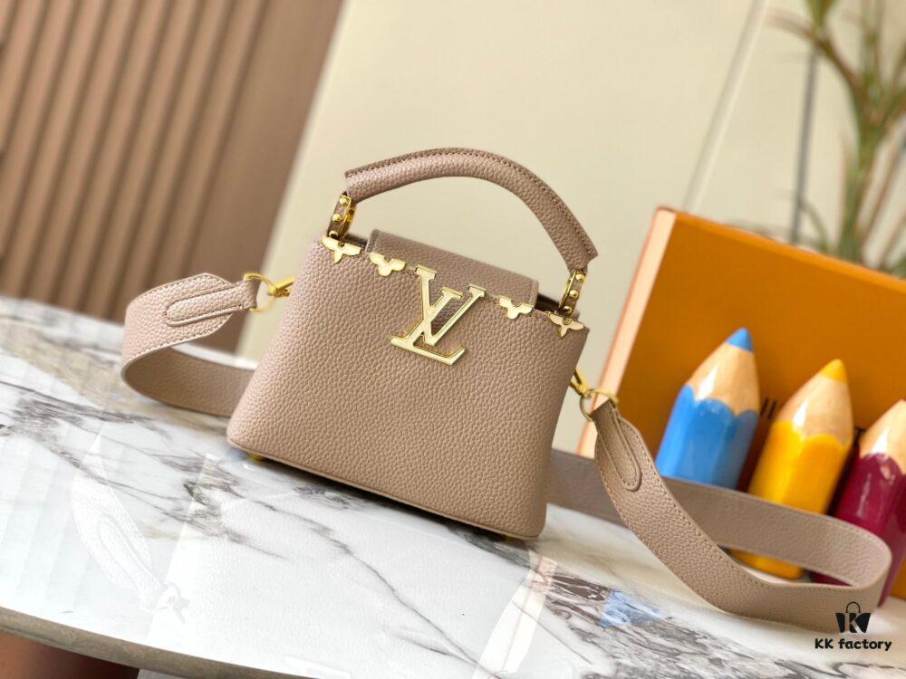 Upgraded M23765 Beige and White Mother-of-Pearl Flower Crown Capucines Handbag