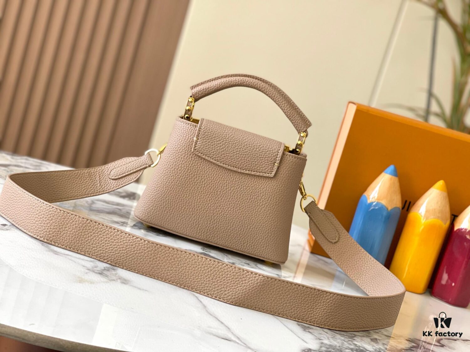 Upgraded M23765 Beige and White Mother-of-Pearl Flower Crown Capucines Handbag