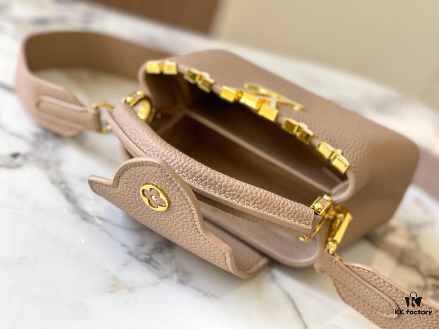 Upgraded M23765 Beige and White Mother-of-Pearl Flower Crown Capucines Handbag