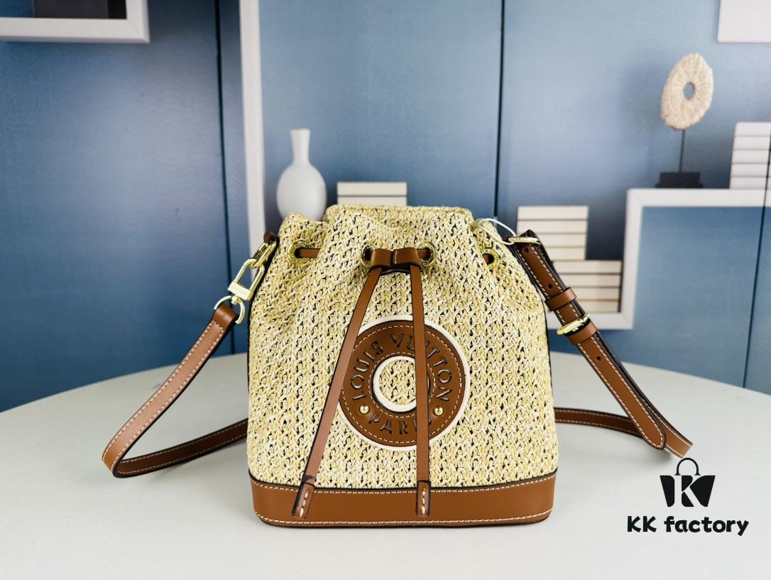 New Large Batch LV NOE PURSE Bucket Bag in Raffia Leather 'Little Burnt Dumpling'
