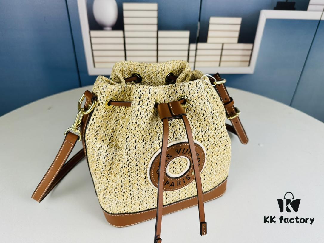 New Large Batch LV NOE PURSE Bucket Bag in Raffia Leather 'Little Burnt Dumpling'