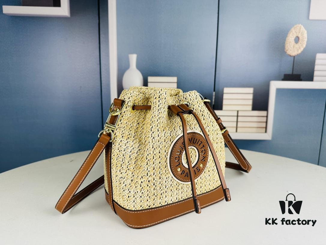 New Large Batch LV NOE PURSE Bucket Bag in Raffia Leather 'Little Burnt Dumpling'