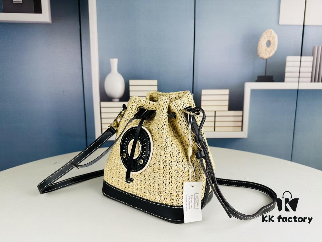 New Large Batch LV NOE PURSE Bucket Bag with Raffia and Leather Trim