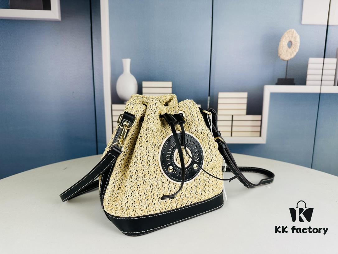 New Large Batch LV NOE PURSE Bucket Bag with Raffia and Leather Trim
