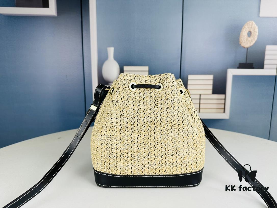 New Large Batch LV NOE PURSE Bucket Bag with Raffia and Leather Trim