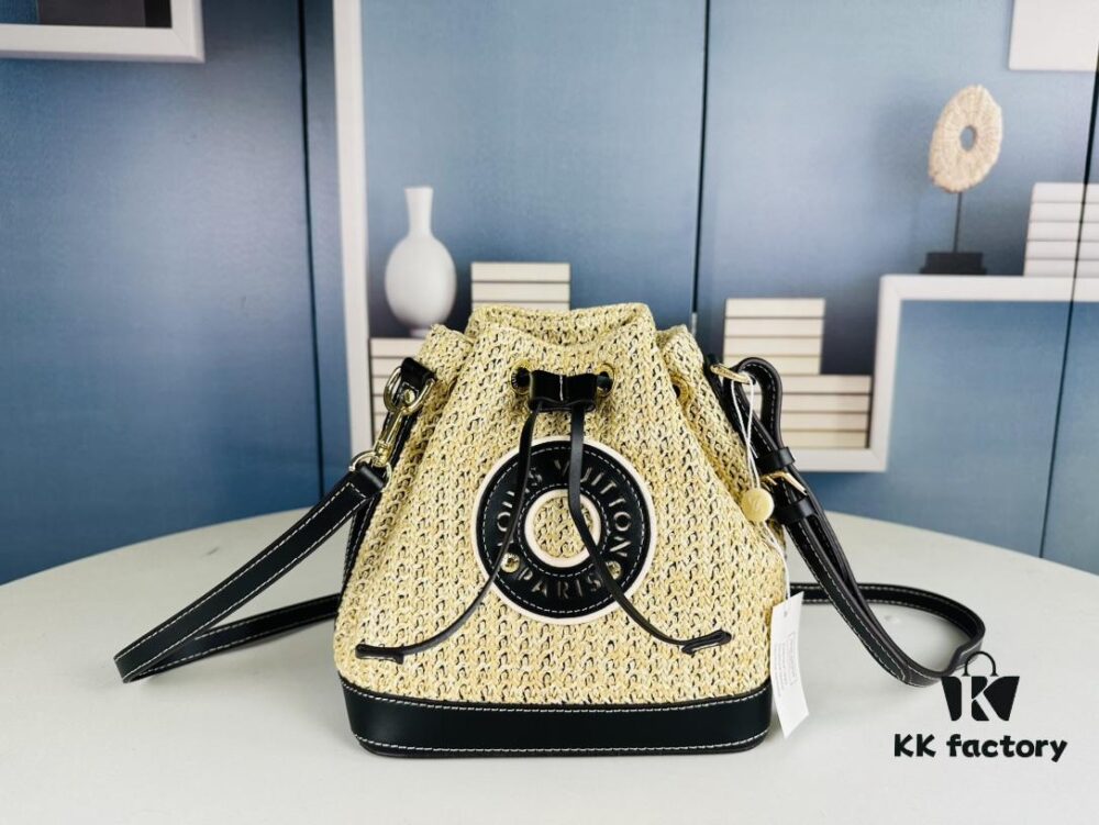 New Large Batch LV NOE PURSE Bucket Bag with Raffia and Leather Trim