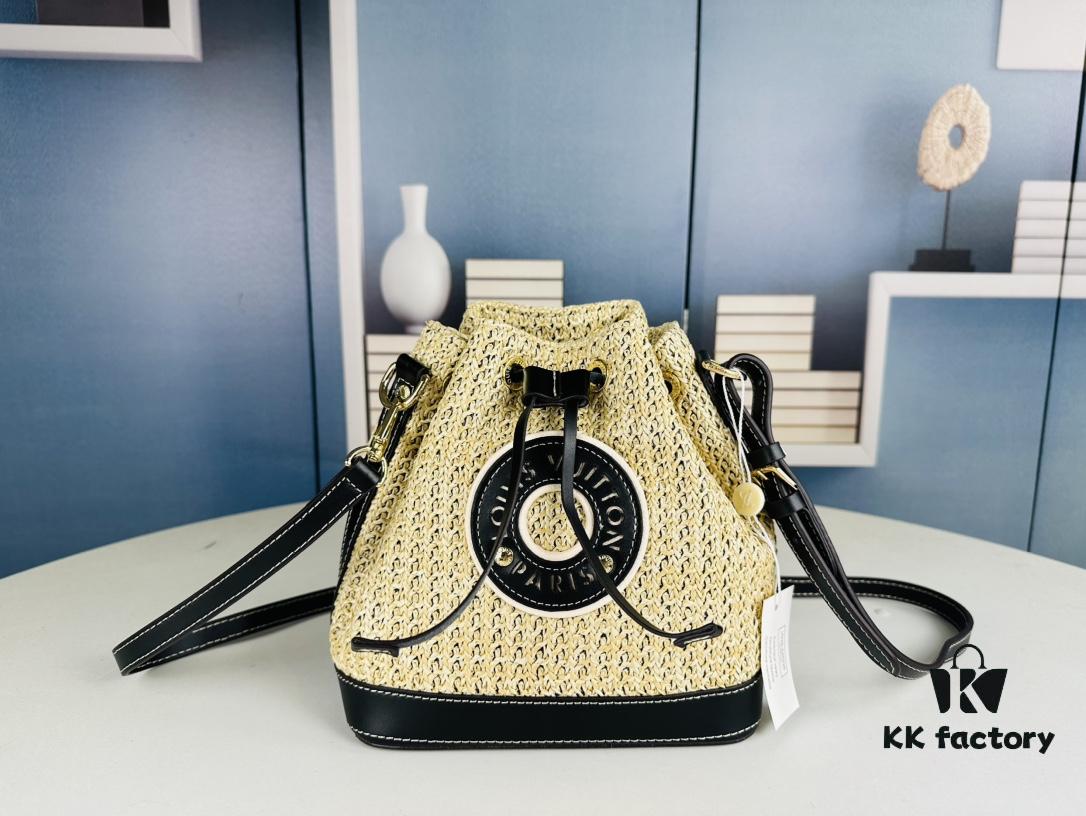 New Large Batch LV NOE PURSE Bucket Bag with Raffia and Leather Trim