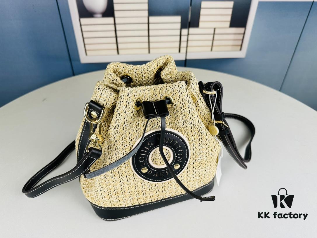 New Large Batch LV NOE PURSE Bucket Bag with Raffia and Leather Trim