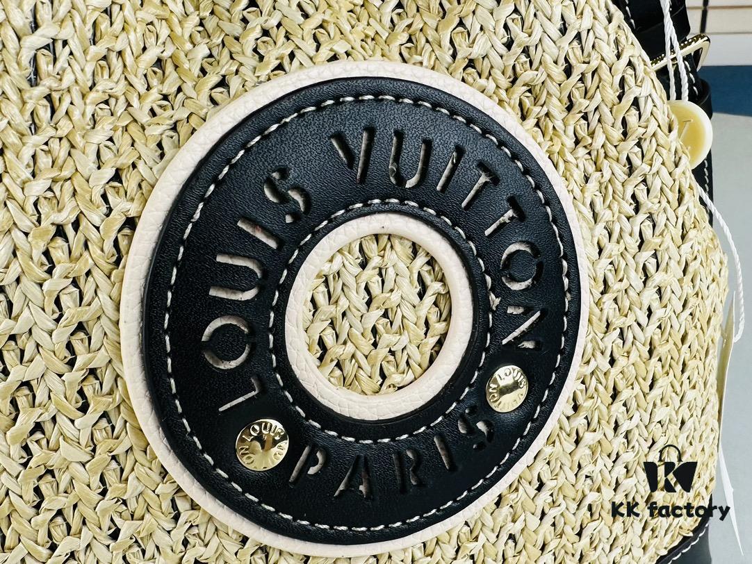 New Large Batch LV NOE PURSE Bucket Bag with Raffia and Leather Trim