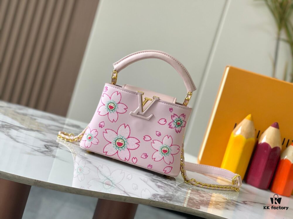 Guangzhou Stock Top Quality Original Capucines Mini Model: 13249 Pink Material: Canvas with Graffiti Hardware Upgraded Features: LV Initials, Unique Edge Ring, Exquisite Monogram Flower on Flap