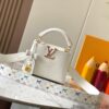 Guangzhou Stock Top Quality Original Version Capucines Mini Model: 12352 White with 33 Colorful Elements Material: Crushed Calfskin Hardware Upgraded Features: LV Initials, Unique Border Ring, Exquisite Monogram Flower on Flap Closure Dimensions: 21×14×8cm