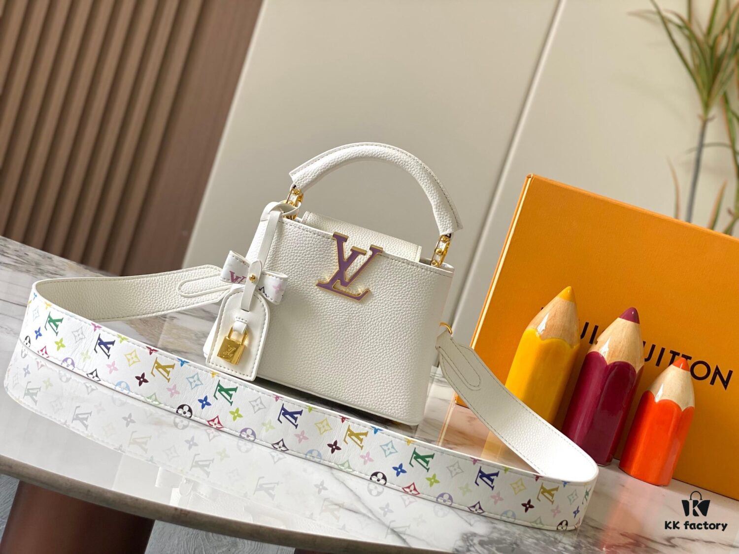 Guangzhou Stock Top Quality Original Version Capucines Mini Model: 12352 White with 33 Colorful Elements Material: Crushed Calfskin Hardware Upgraded Features: LV Initials, Unique Border Ring, Exquisite Monogram Flower on Flap Closure Dimensions: 21×14×8cm