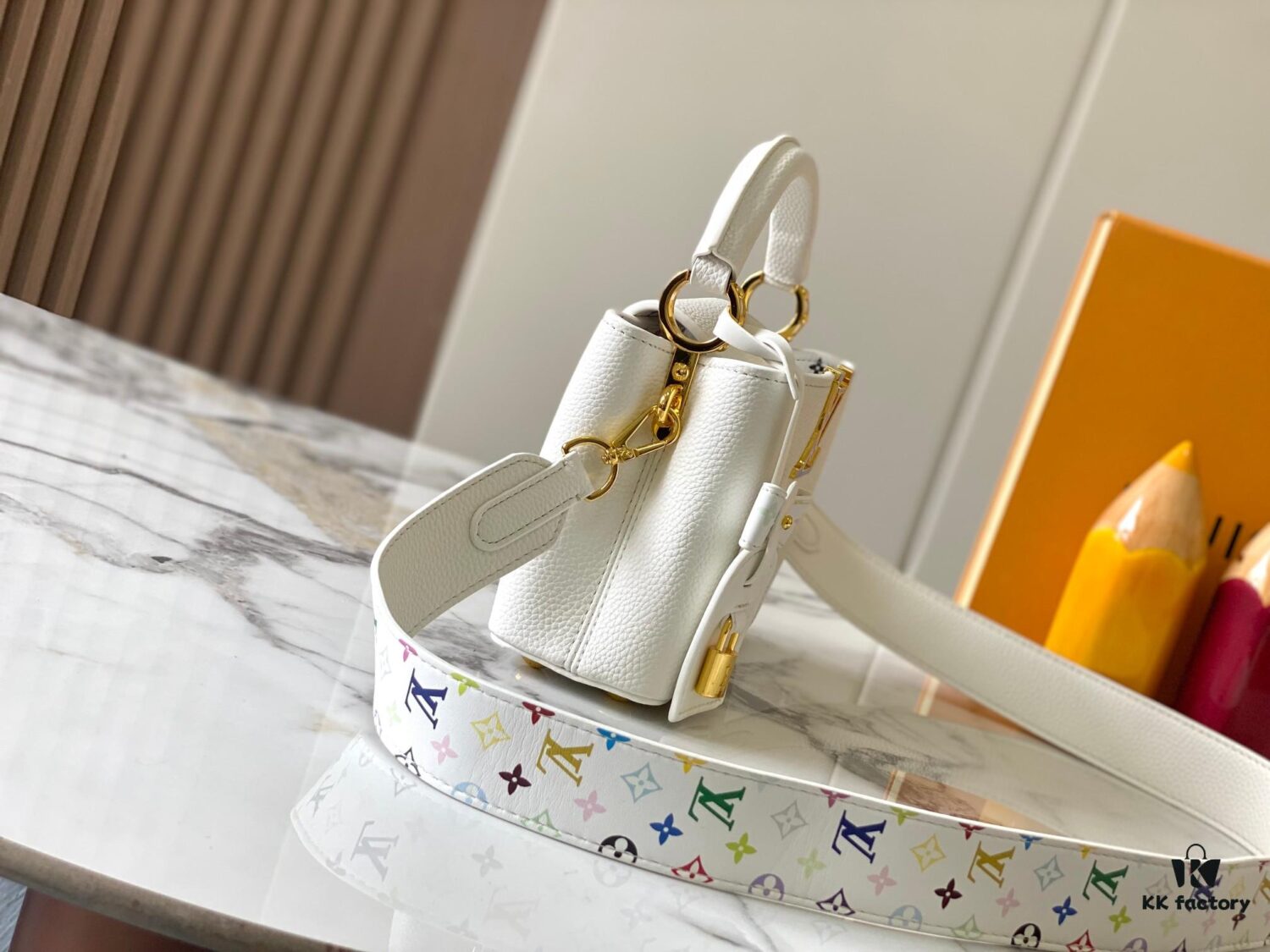 Guangzhou Stock Top Quality Original Version Capucines Mini Model: 12352 White with 33 Colorful Elements Material: Crushed Calfskin Hardware Upgraded Features: LV Initials, Unique Border Ring, Exquisite Monogram Flower on Flap Closure Dimensions: 21×14×8cm