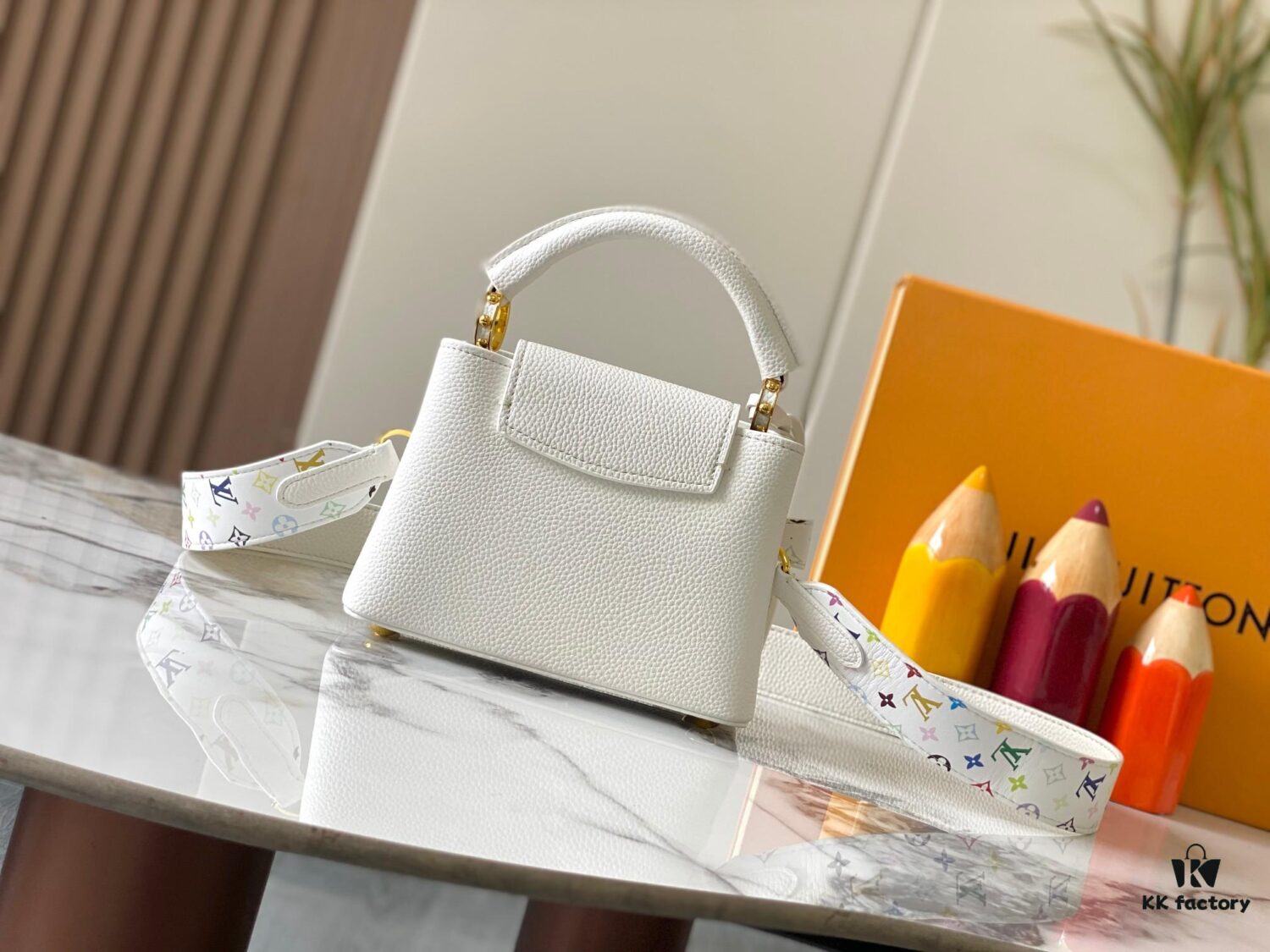 Guangzhou Stock Top Quality Original Version Capucines Mini Model: 12352 White with 33 Colorful Elements Material: Crushed Calfskin Hardware Upgraded Features: LV Initials, Unique Border Ring, Exquisite Monogram Flower on Flap Closure Dimensions: 21×14×8cm