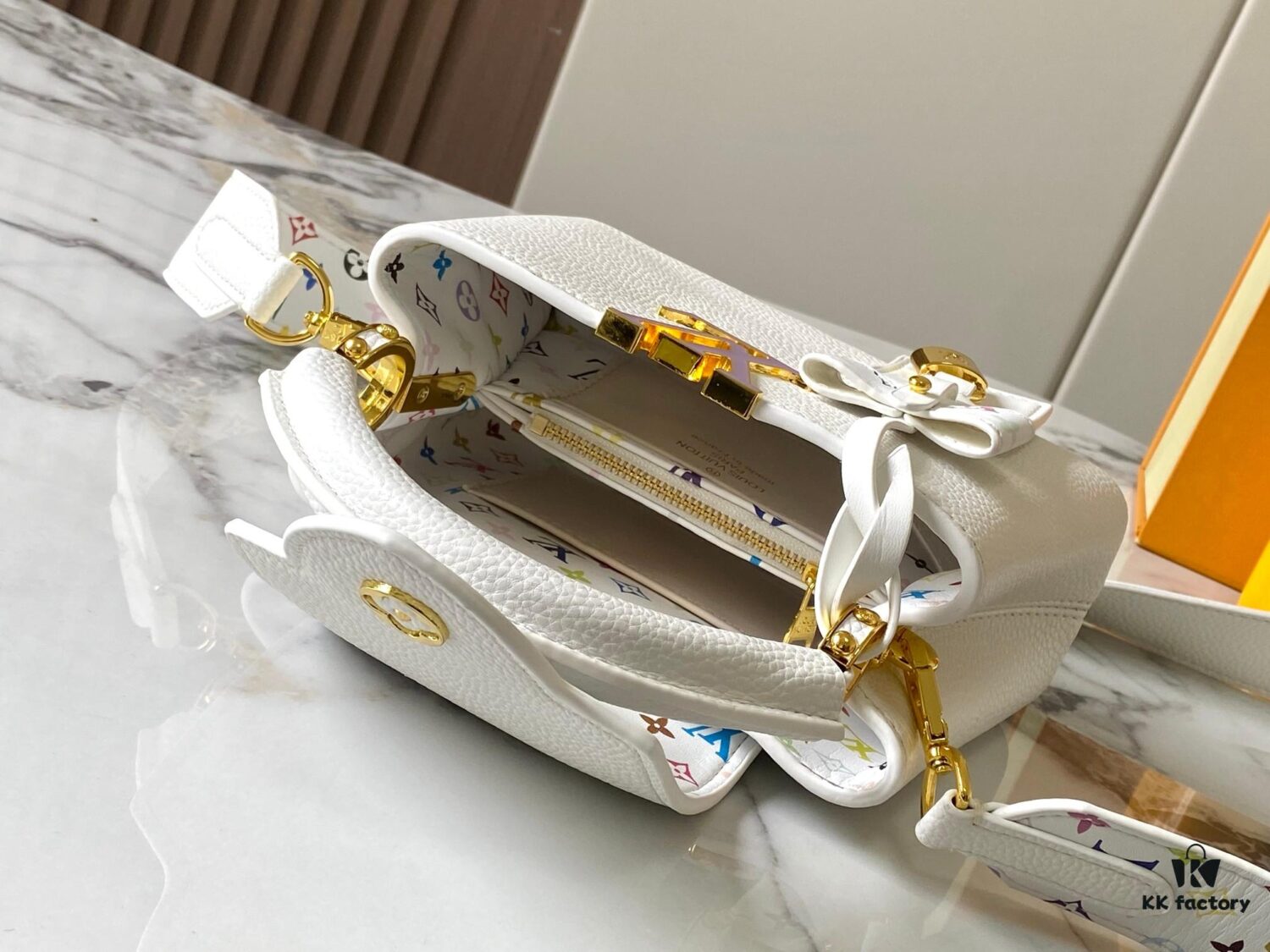 Guangzhou Stock Top Quality Original Version Capucines Mini Model: 12352 White with 33 Colorful Elements Material: Crushed Calfskin Hardware Upgraded Features: LV Initials, Unique Border Ring, Exquisite Monogram Flower on Flap Closure Dimensions: 21×14×8cm