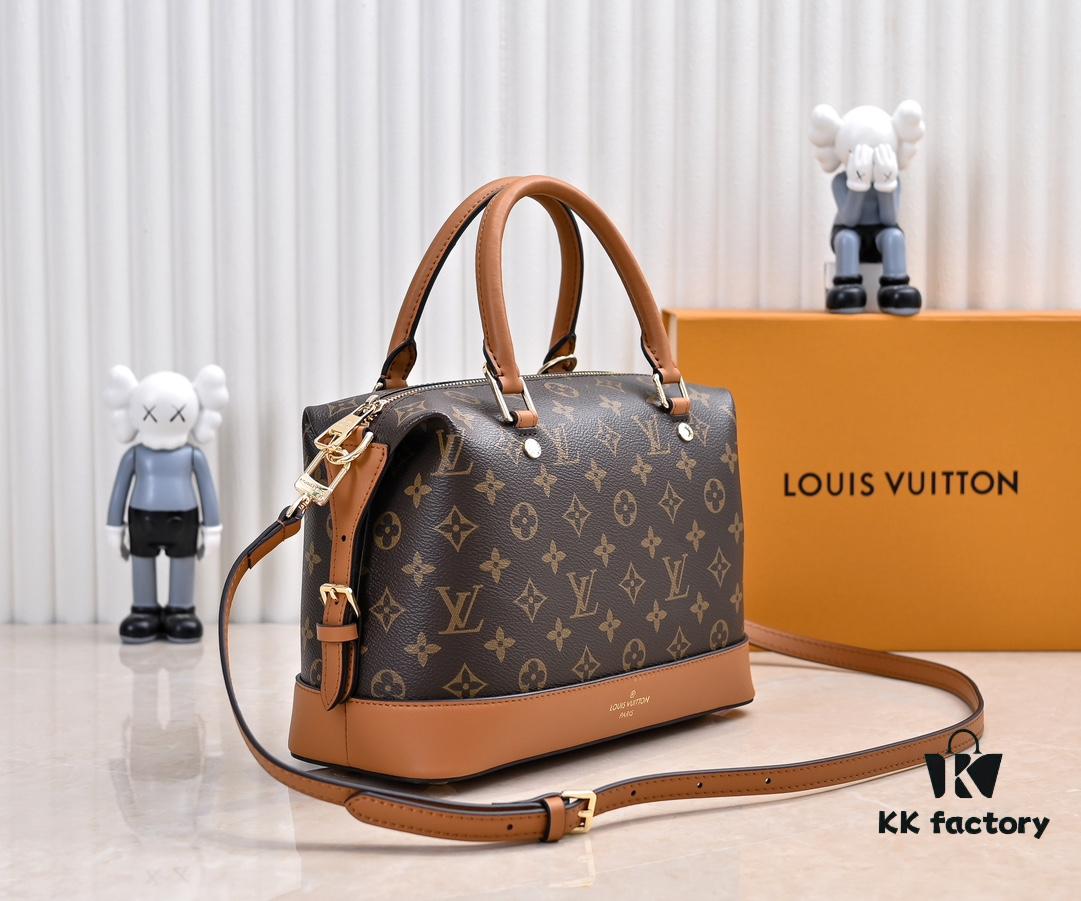 Exclusive Real Shot - Upgraded Version ‼️ LV Monogram with Leather Trim Handheld, Shoulder & Crossbody Bag Model M68169 with Long Strap, 2025 New Fashion Women's Bag, Monogram Leather Strap, Genuine Leather Handbag, Large Capacity [Strong] Size: 28x20x11.5