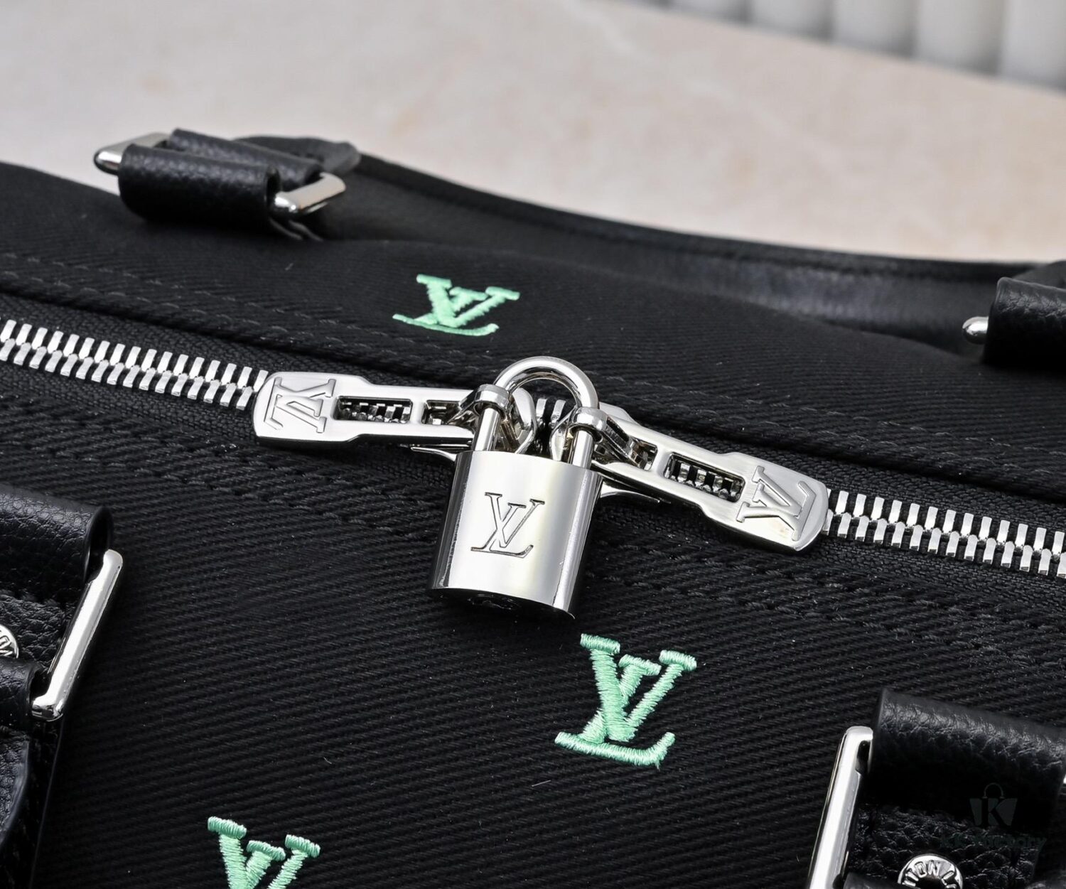 Lot No. 13966 Embroidered Keepall Bandoulière 50 Travel Bag in Deep LV Blason Denim by Pharrell Williams