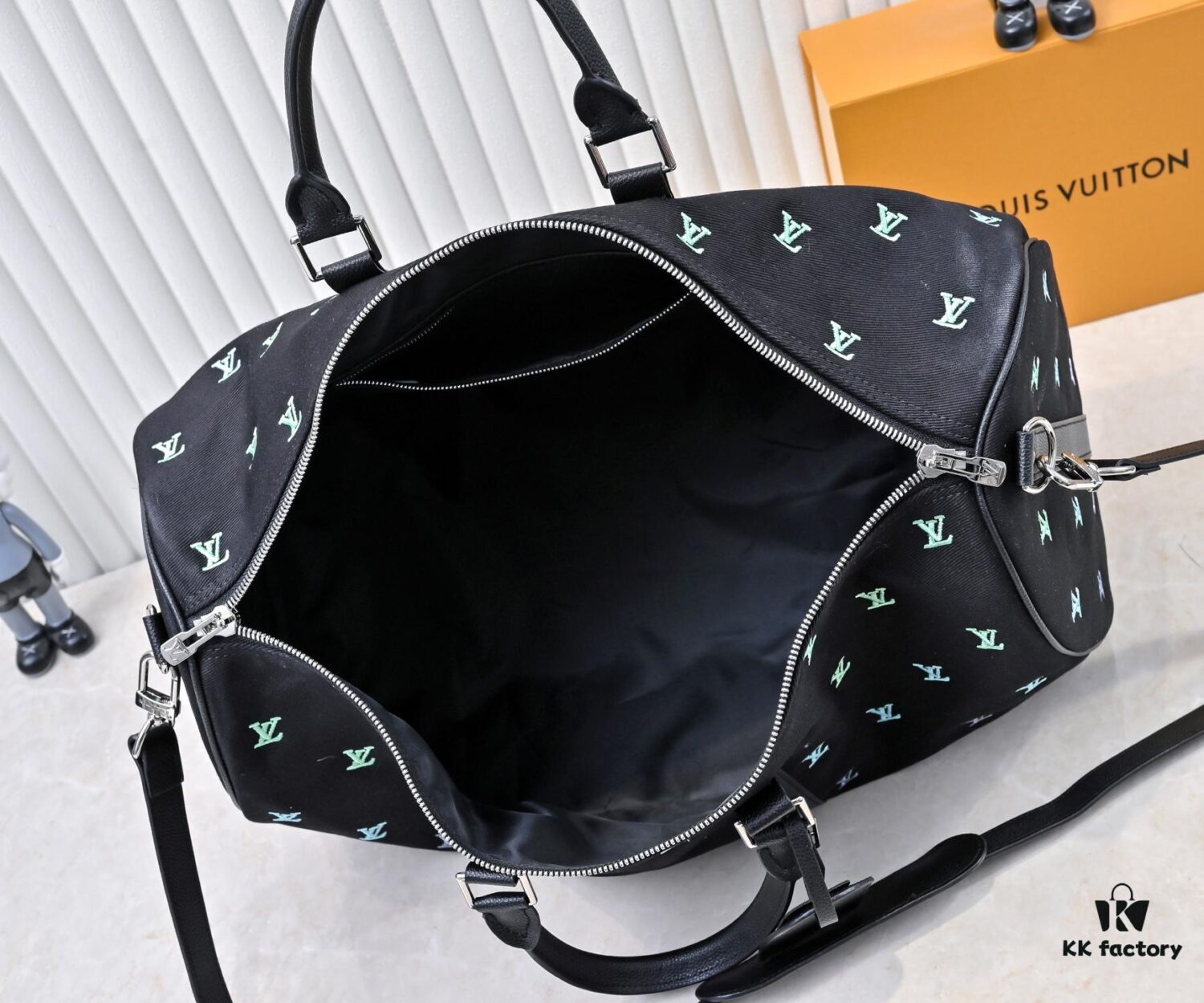 Lot No. 13966 Embroidered Keepall Bandoulière 50 Travel Bag in Deep LV Blason Denim by Pharrell Williams