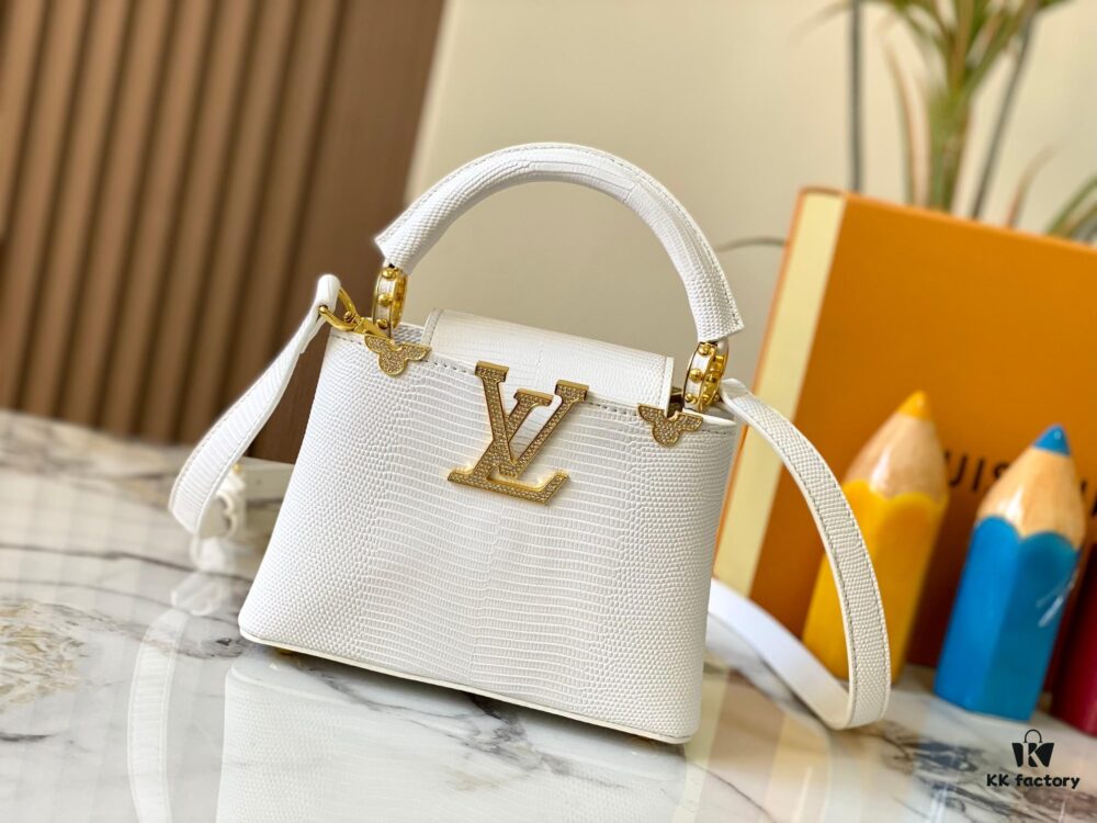 Top Quality Original Guangzhou M12296 White Lizard Skin with Gold Diamond Crown Capucines Mini Bag