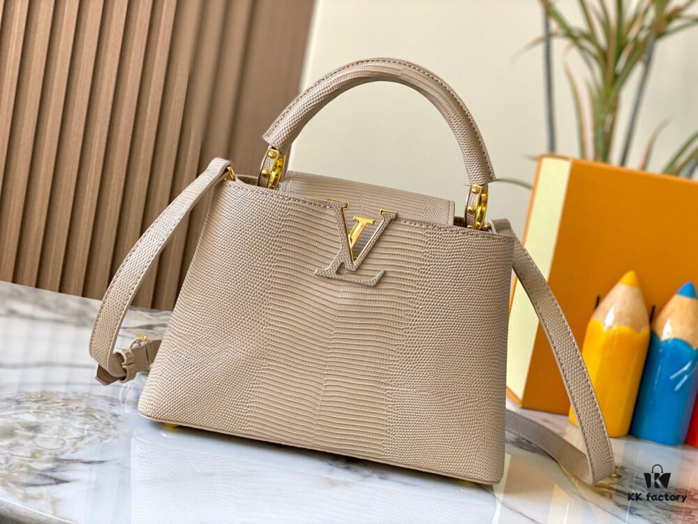 69307e146e68136f4d9a734a Top Quality Original Guangzhou Stock M99528 Beige Lizard Leather Gold-Tone Hardware Capucines BB Handbag