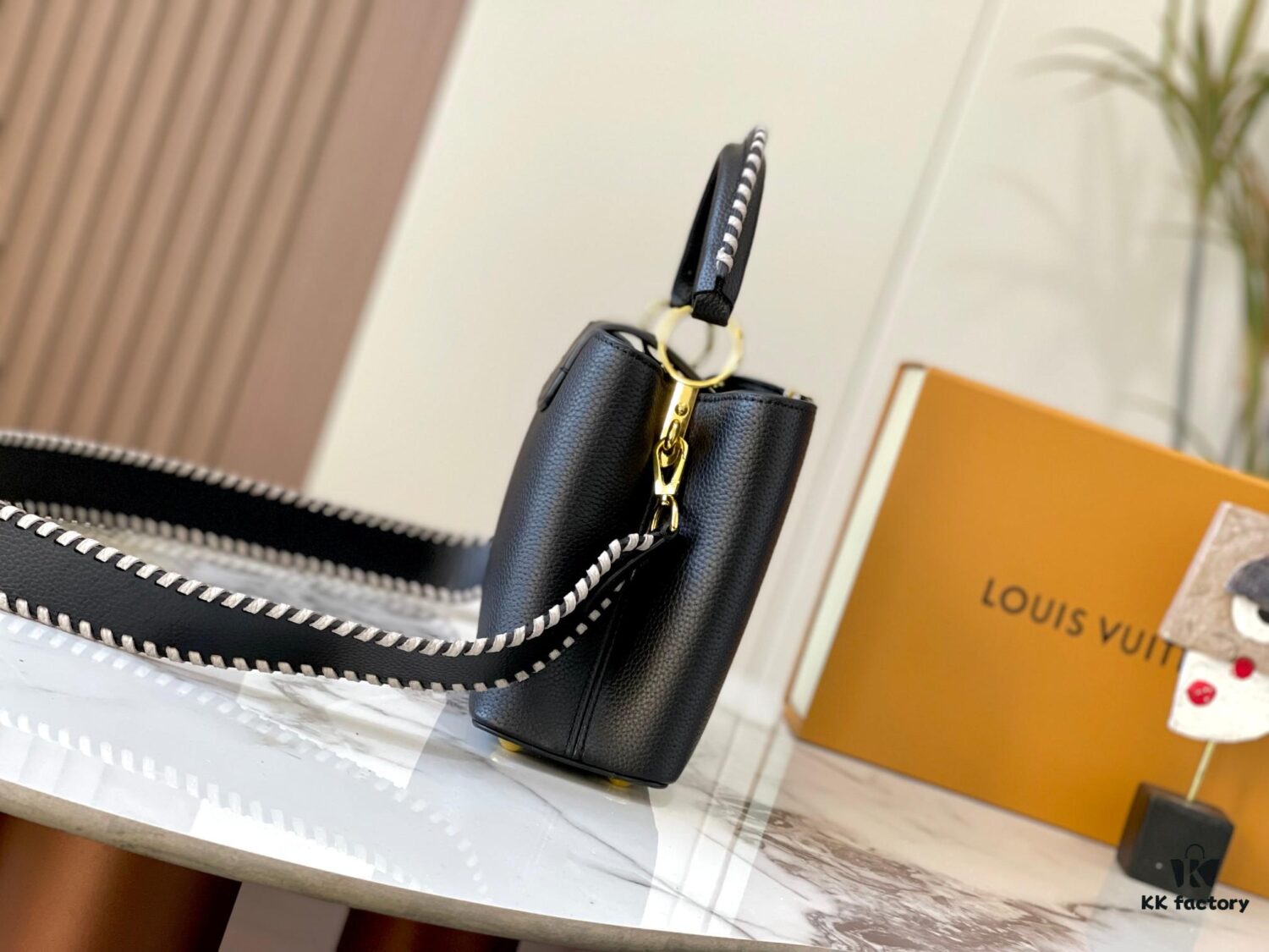 Upgraded M21127 Black Woven Gold-Tone Capucines BB Bag