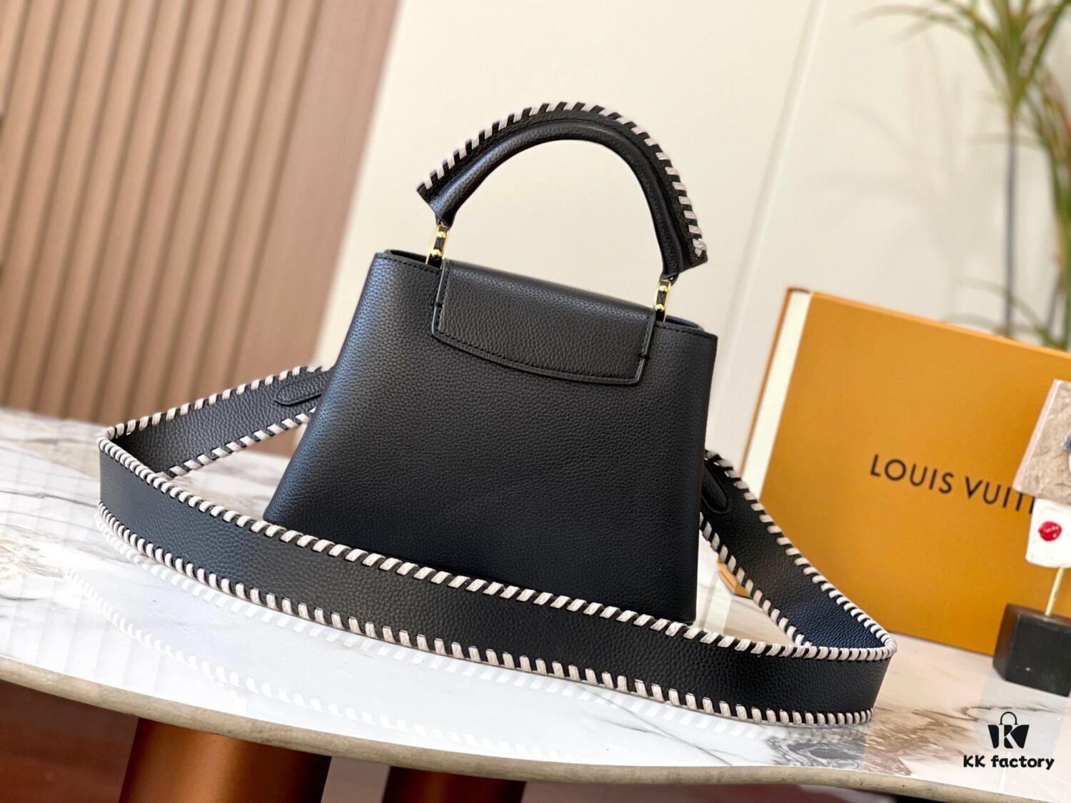 Upgraded M21127 Black Woven Gold-Tone Capucines BB Bag