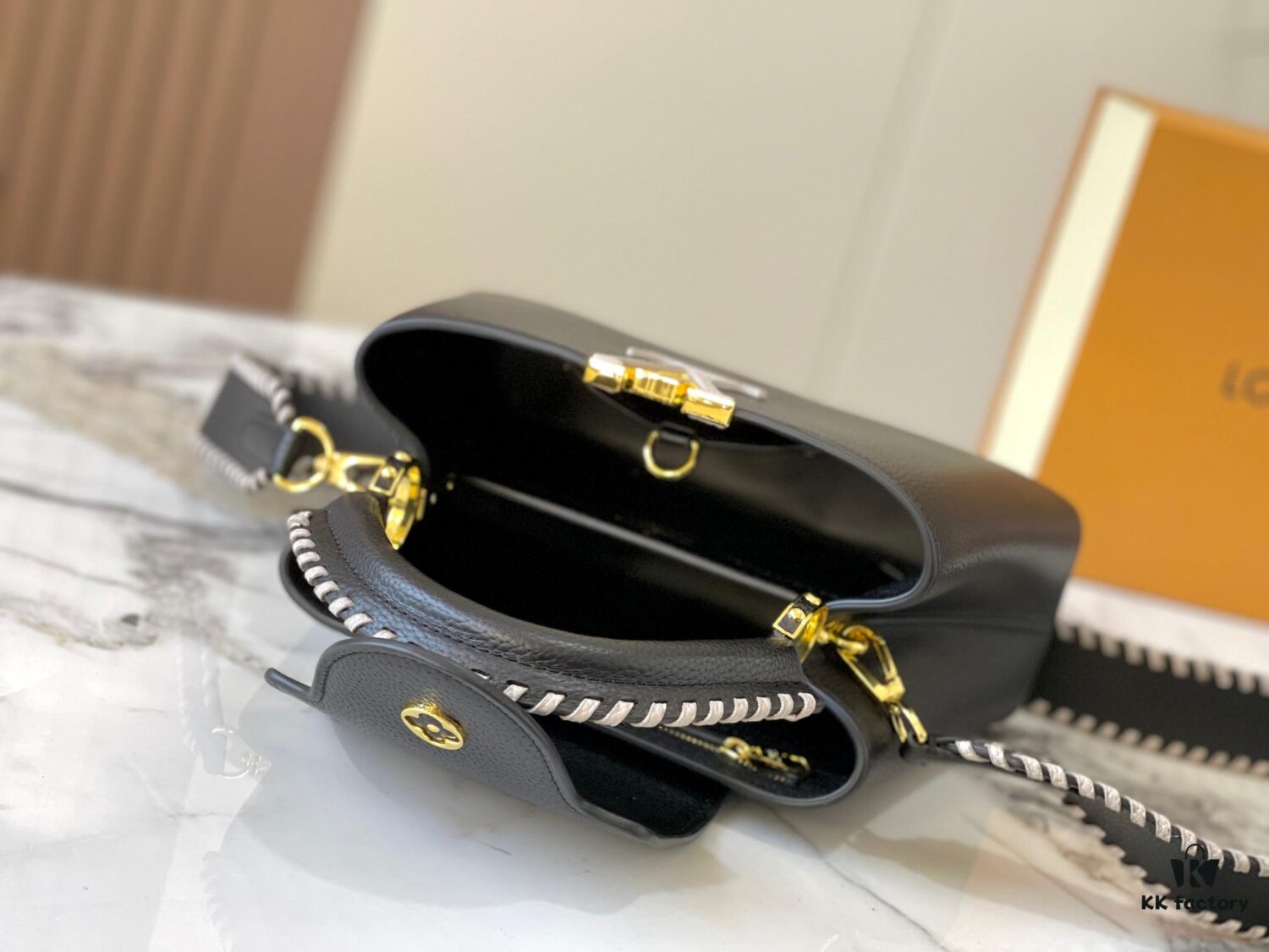 Upgraded M21127 Black Woven Gold-Tone Capucines BB Bag