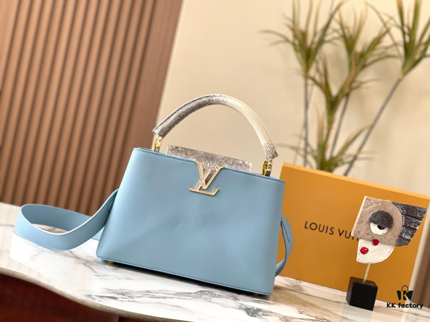 Upgraded M21150 Ice Blue Capucines Medium Handbag