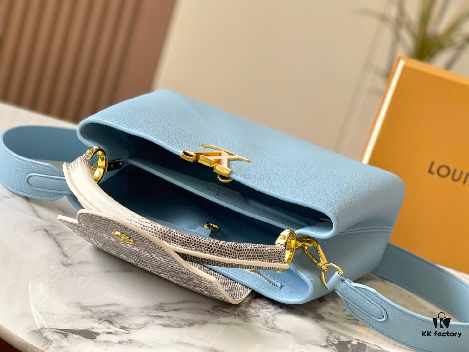 Upgraded M21150 Ice Blue Capucines Medium Handbag