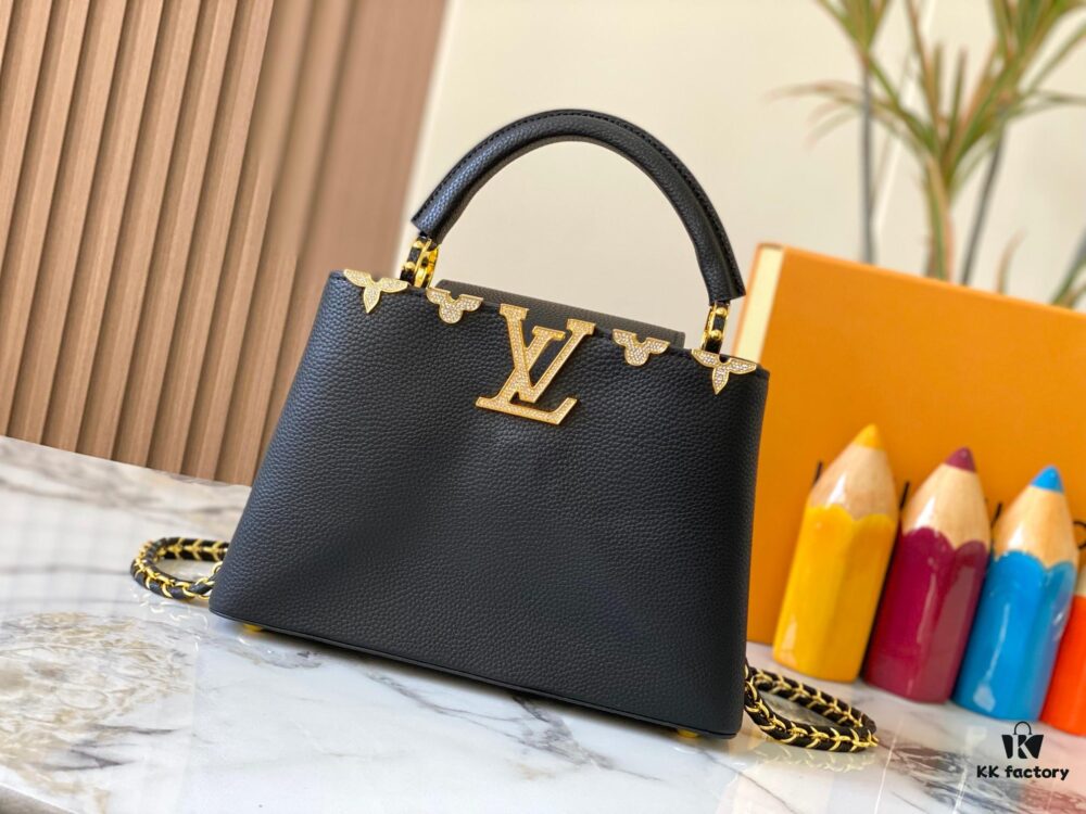 Top Quality Original Guangzhou M24584 Black with Gold Diamond Flower Crown Capucines Handbag