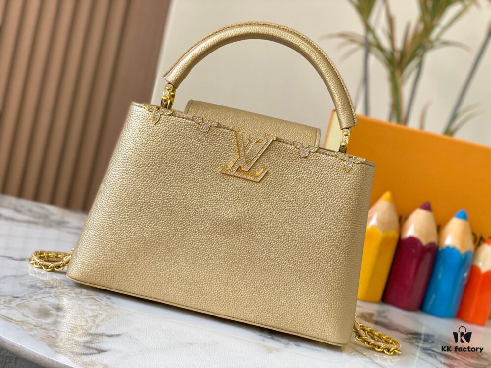 Top Quality Original Guangzhou Version M24585 Gold-Tone Flower Crown Capucines Bag with Crystal Diamonds