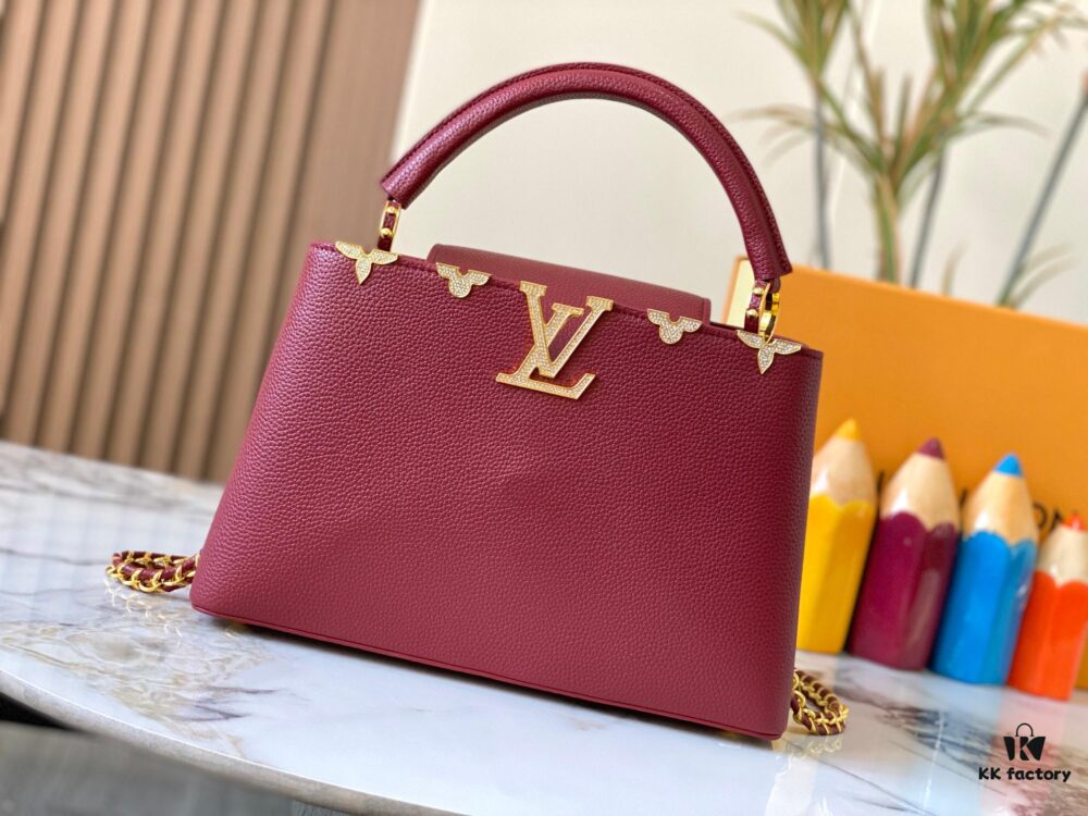 Top Quality Original Guangzhou Version M24585 Chestnut Red and Gold Diamond Flower Crown Capucines Handbag