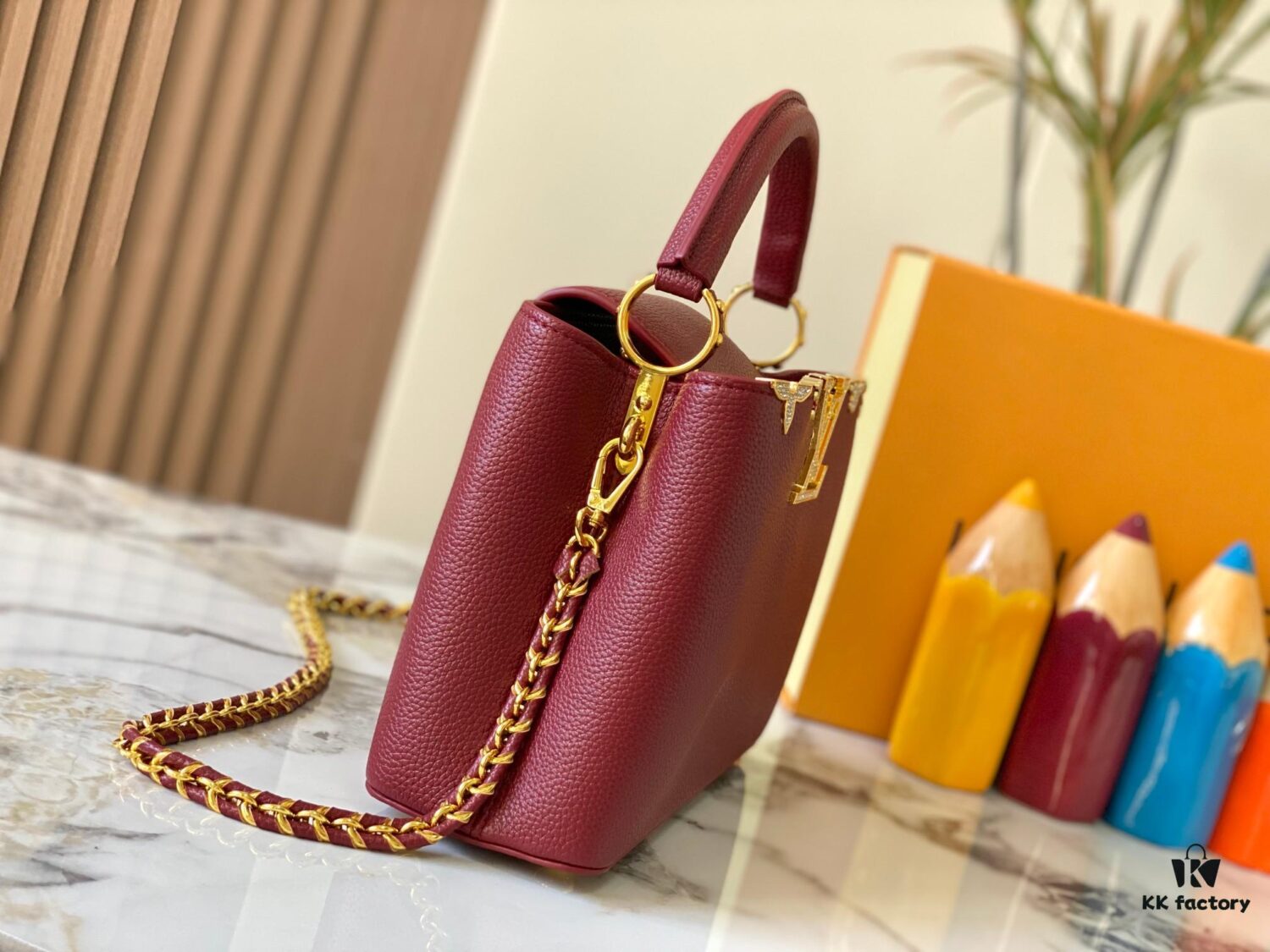 69307f0f6e68136f4d9a74ed Top Quality Original Guangzhou Version M24584 Burgundy and Gold Crystal Flower Crown Capucines Handbag