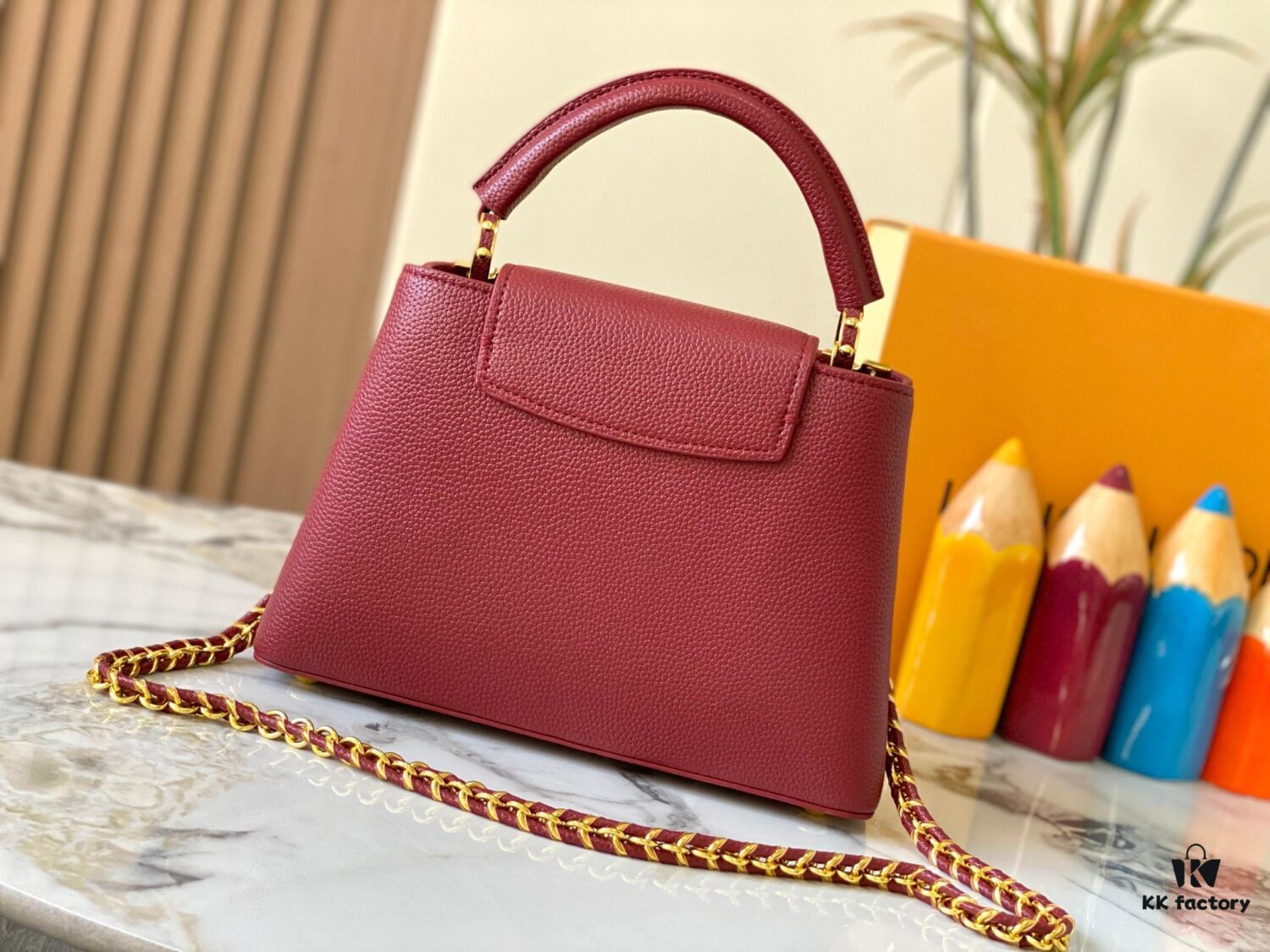 69307f106e68136f4d9a74ee Top Quality Original Guangzhou Version M24584 Burgundy and Gold Crystal Flower Crown Capucines Handbag