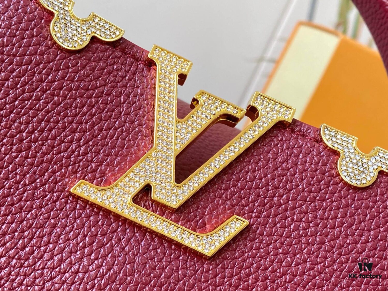 69307f156e68136f4d9a74f6 Top Quality Original Guangzhou Version M24584 Burgundy and Gold Crystal Flower Crown Capucines Handbag