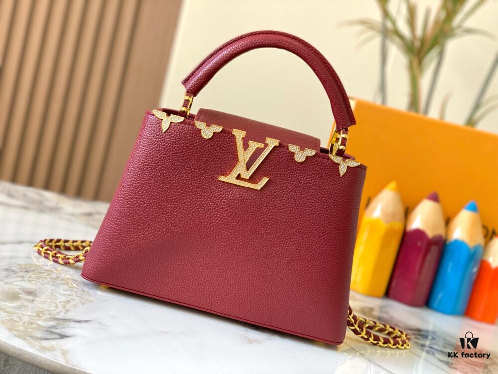Top Quality Original Guangzhou Version M24584 Burgundy and Gold Crystal Flower Crown Capucines Handbag