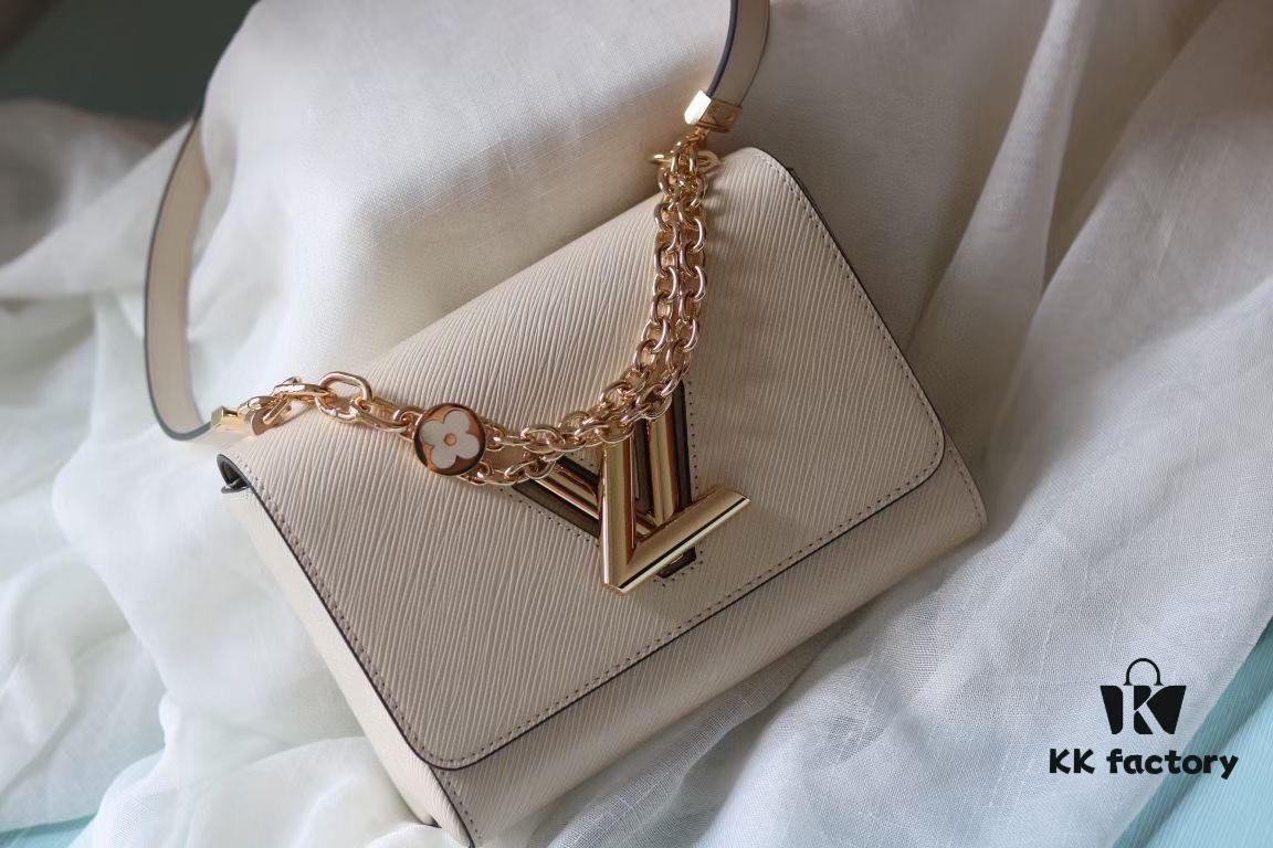 Latest TWIST Collection Top Quality Original Version Model No. 50369/59402/59403/59627/59405 The New Medium Twist Bag Features Dual Chains Embedded with Handcrafted Enamel Monogram Flowers, Exuding Elegance as Both Decoration and Additional Carrying Options, While the LV Twist Lock Preserves Classic Design Elements