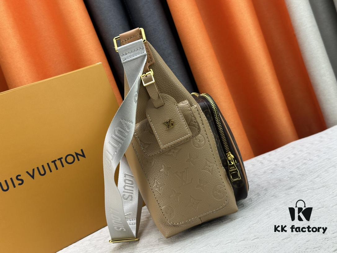 Upgraded Model M12697 Full Leather Khaki Monogram Bag, Fabric Material, Classic Canvas with Wide Adjustable Strap, Magnetic Closure Dual Pockets on Both Sides