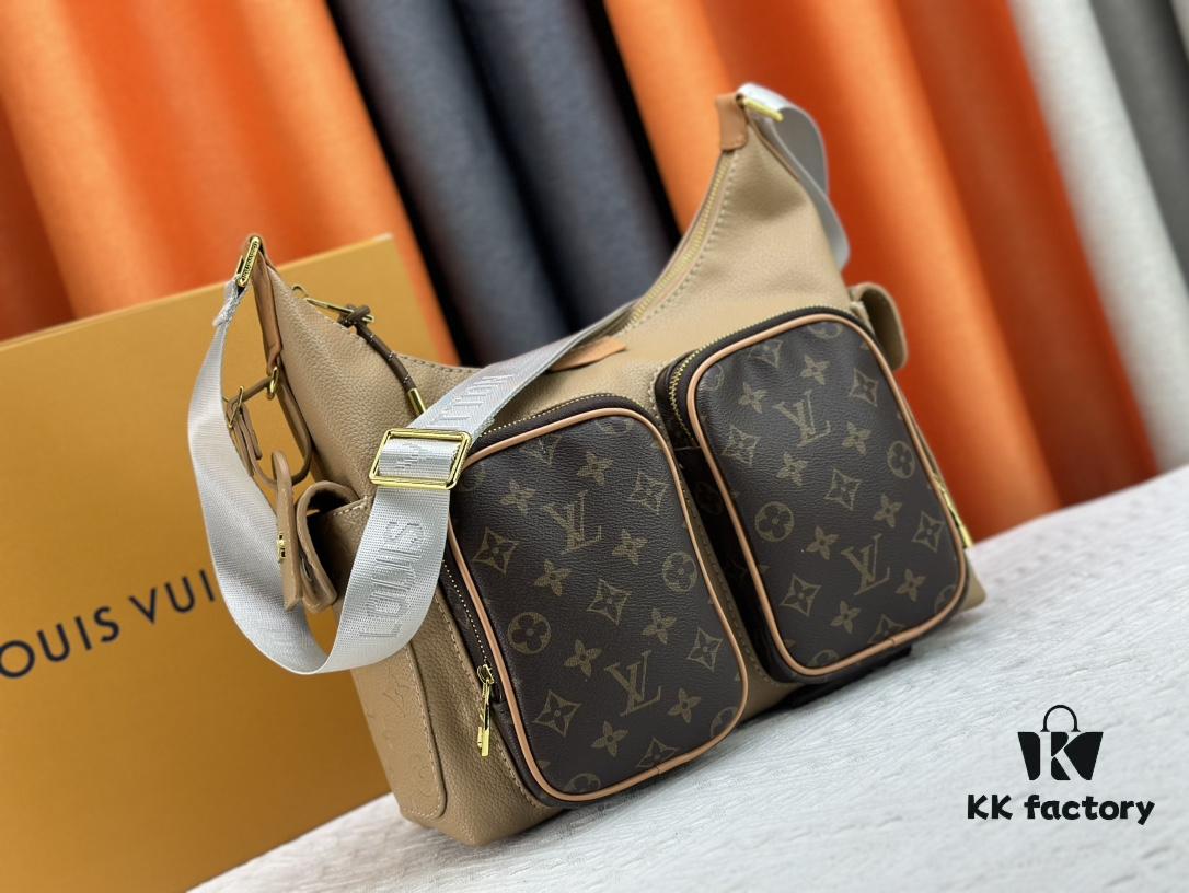 Upgraded Model M12697 Full Leather Khaki Monogram Bag, Fabric Material, Classic Canvas with Wide Adjustable Strap, Magnetic Closure Dual Pockets on Both Sides